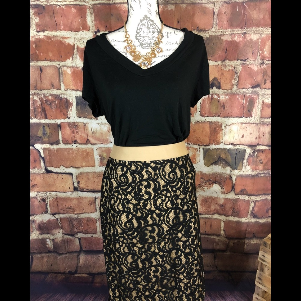 LOFT Black and Tan Lace Midi Skirt - NWT